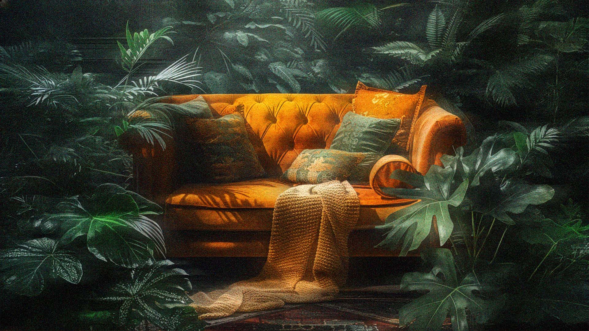 An orange velvet Chesterfield sofa with opulent cushions and a throw, surrounded by lush tropical greenery.