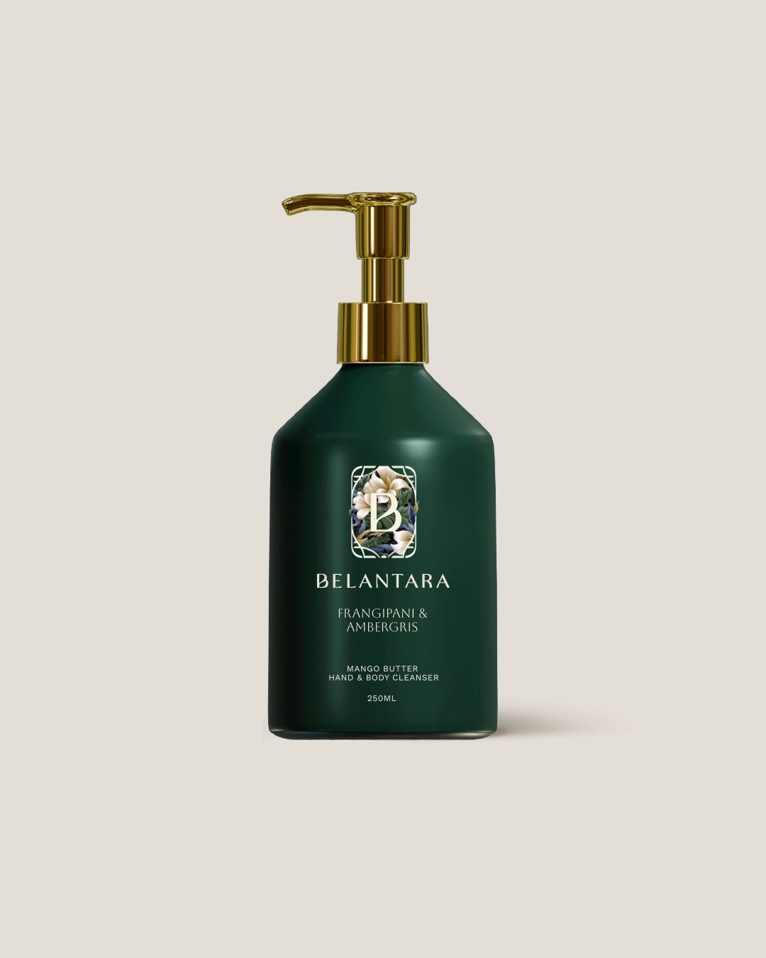 Belantara frangipani & ambergris hand & body wash bottle with pump on a light beige background.