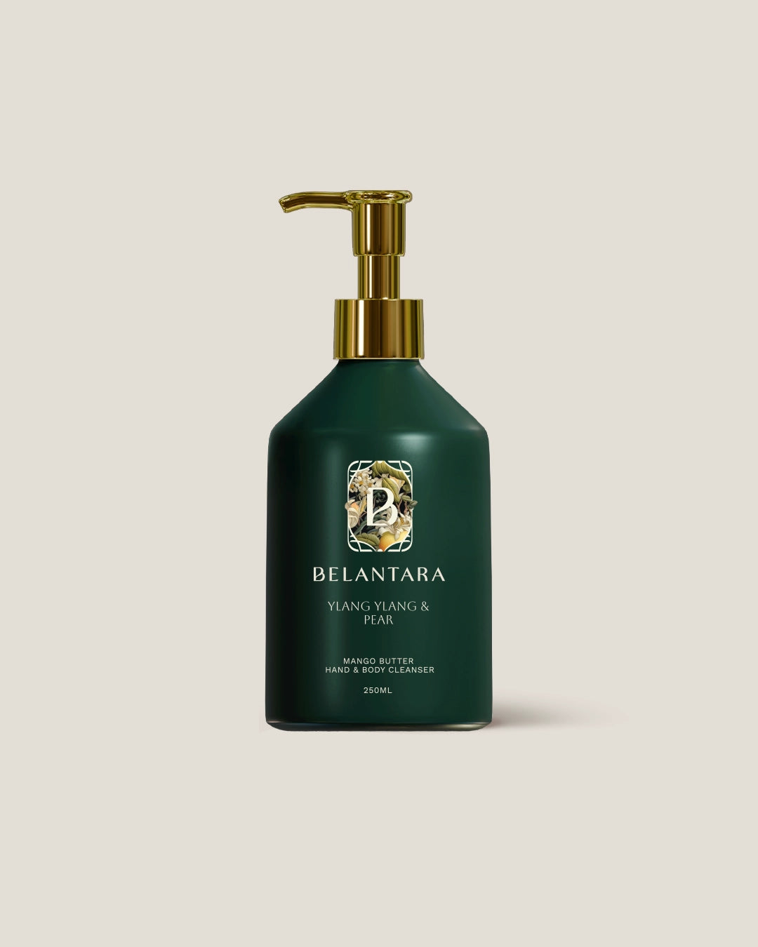 Belantara ylang ylang & pear hand & body wash bottle with pump on a light beige background.