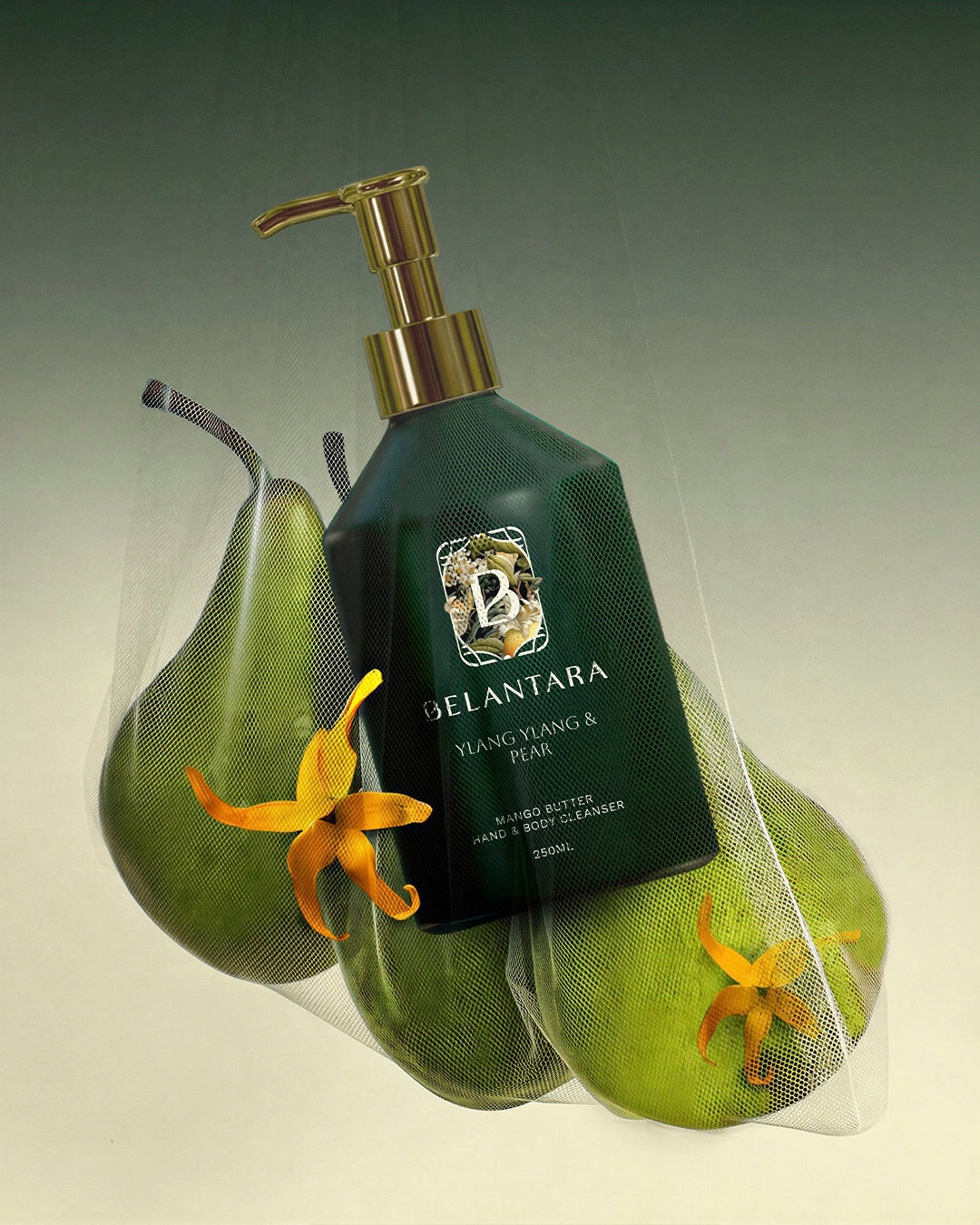 Belantara ylang ylang & pear hand & body wash with pears and flowers in a mesh bag on a beige background.