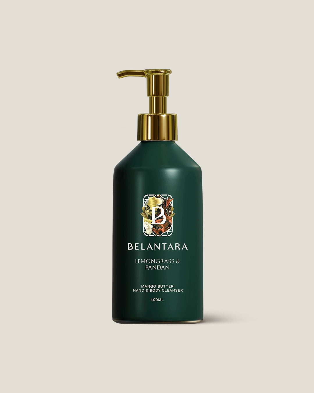 Belantara lemongrass & pandan hand & body wash bottle with pump on a light beige background.