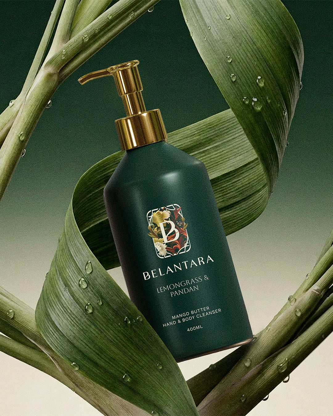 Belantara lemongrass and pandan hand & body wash with pandan leaves and lemongrass in the background.