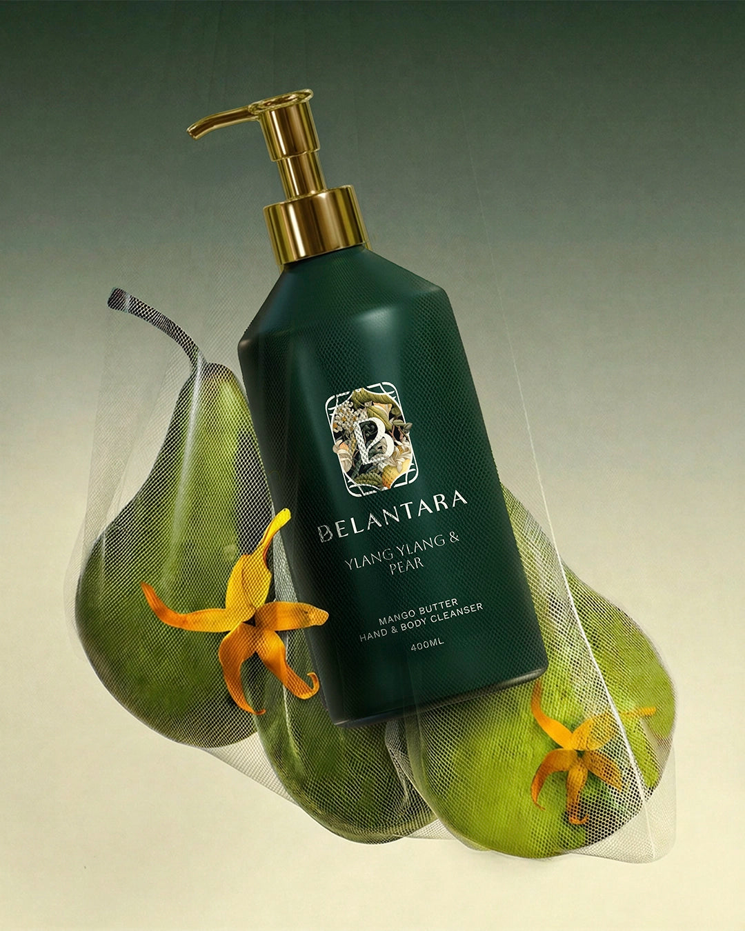 Belantara ylang ylang & pear hand & body wash with pears and flowers in a mesh bag on a beige background.