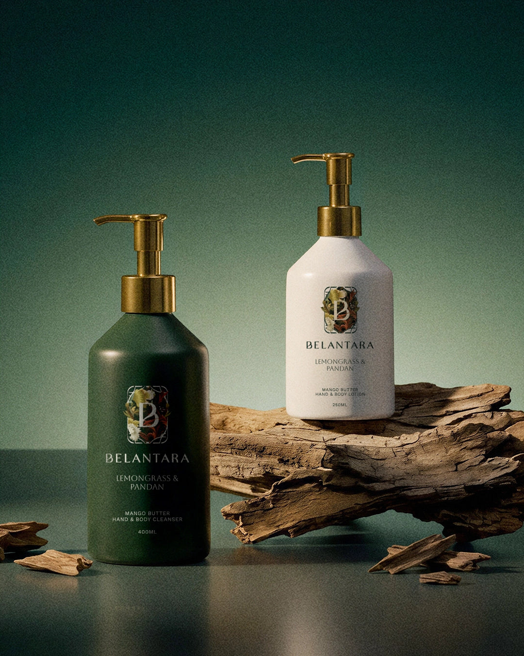 Belantara lemongrass & pandan scented hand & body wash and hand & body lotion products on a dark background.