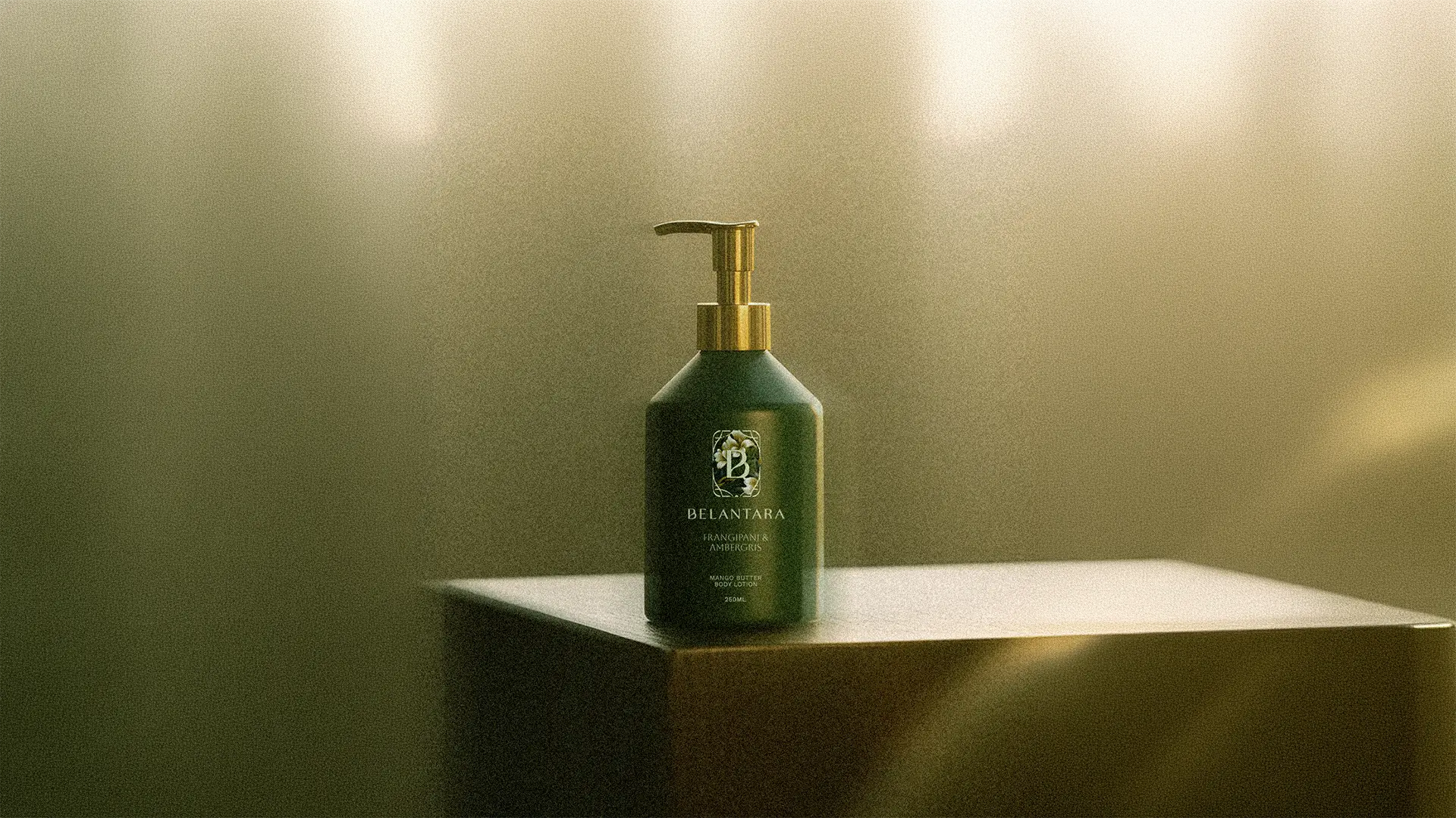 Green bottle of Belantara Hand and Body Wash on a reflective surface against a green background