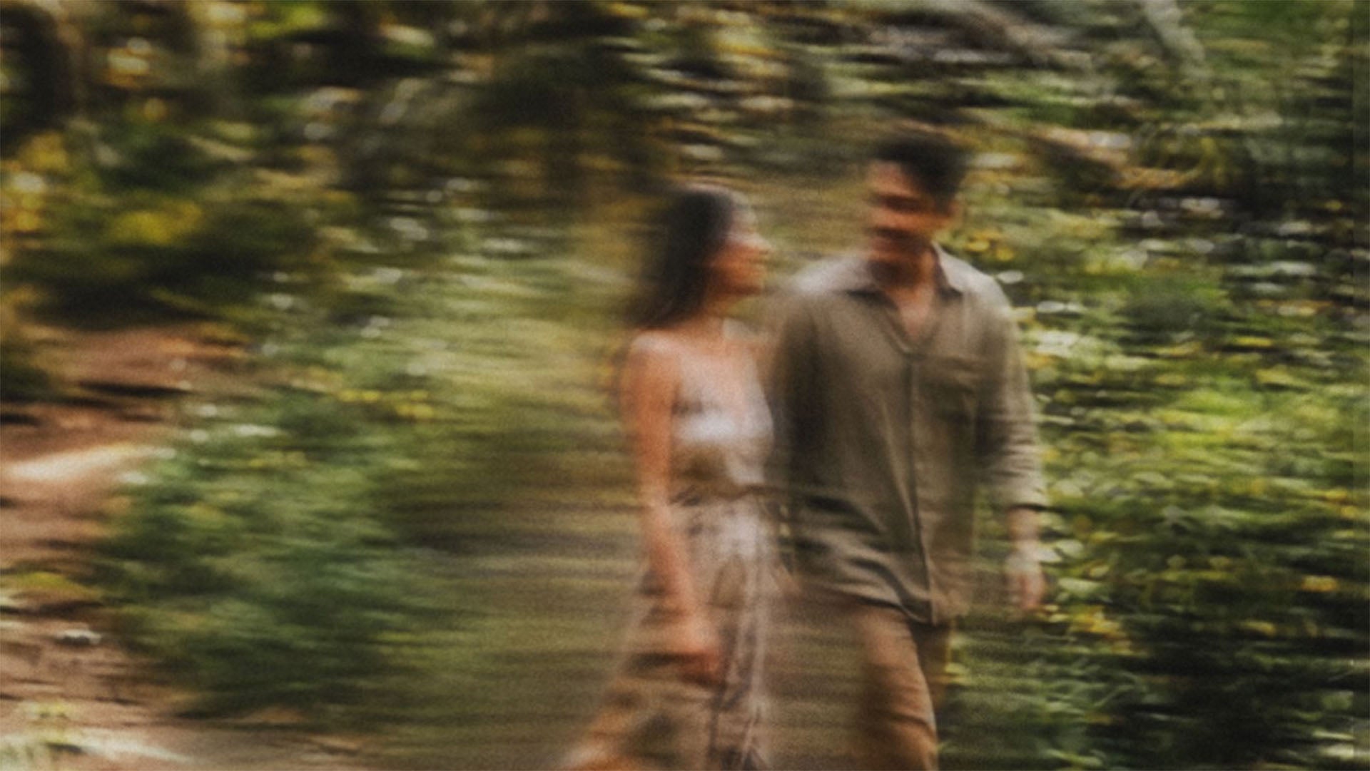 Two people walking together in a forest
