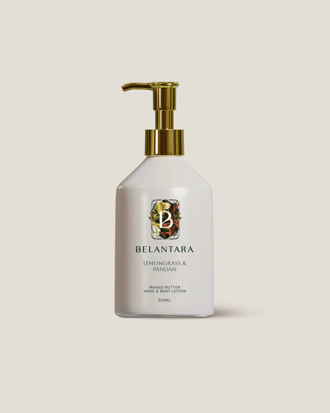 Belantara lemongrass & pandan hand & body lotion bottle with pump on a light beige background.
