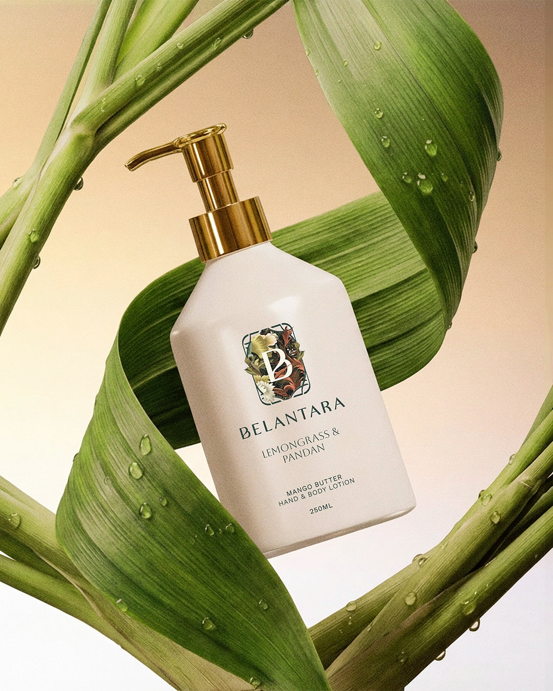 Belantara lemongrass and pandan hand & body lotion with pandan leaves and lemongrass in the background.