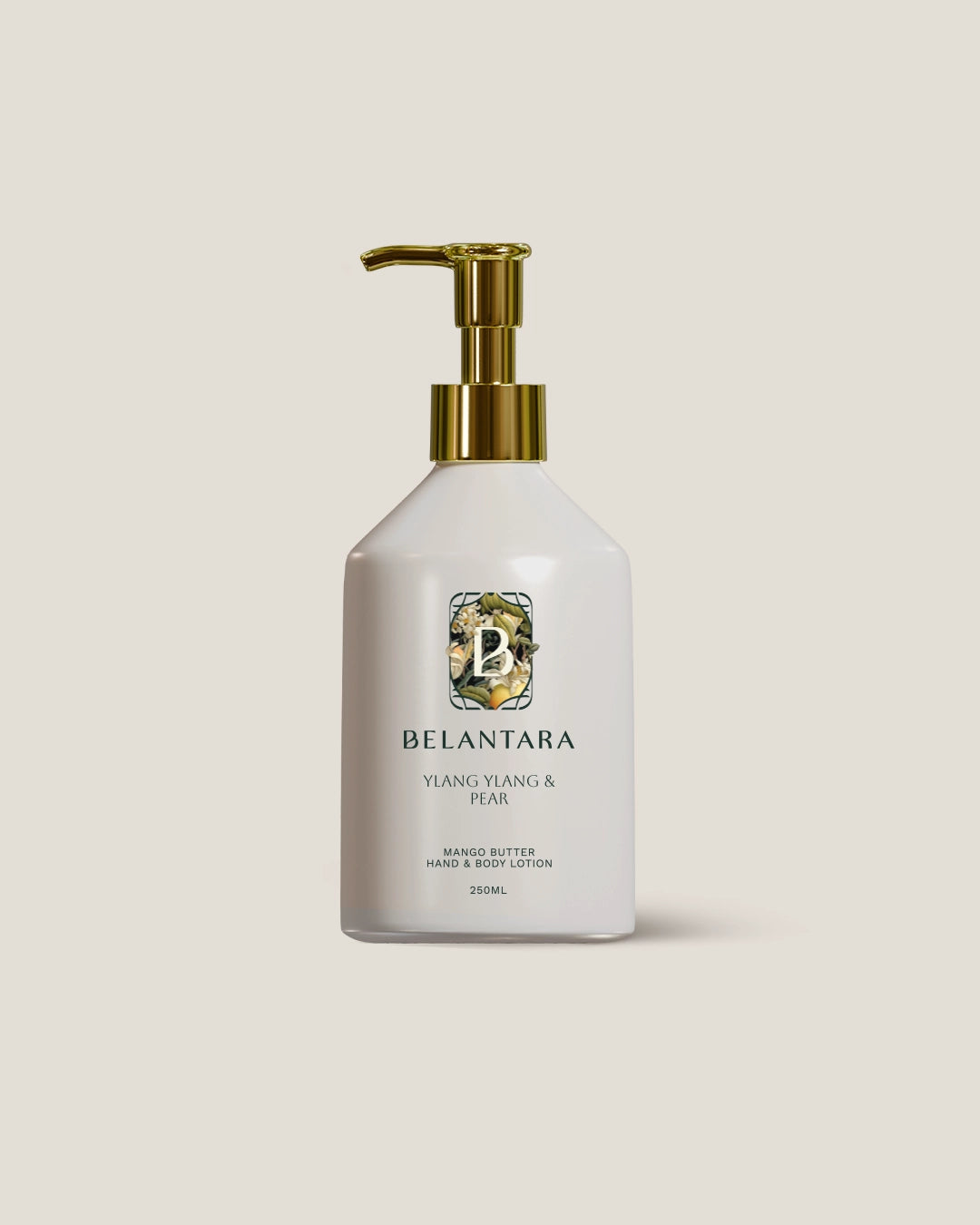 Belantara ylang ylang & pear hand & body lotion bottle with pump on a light beige background.