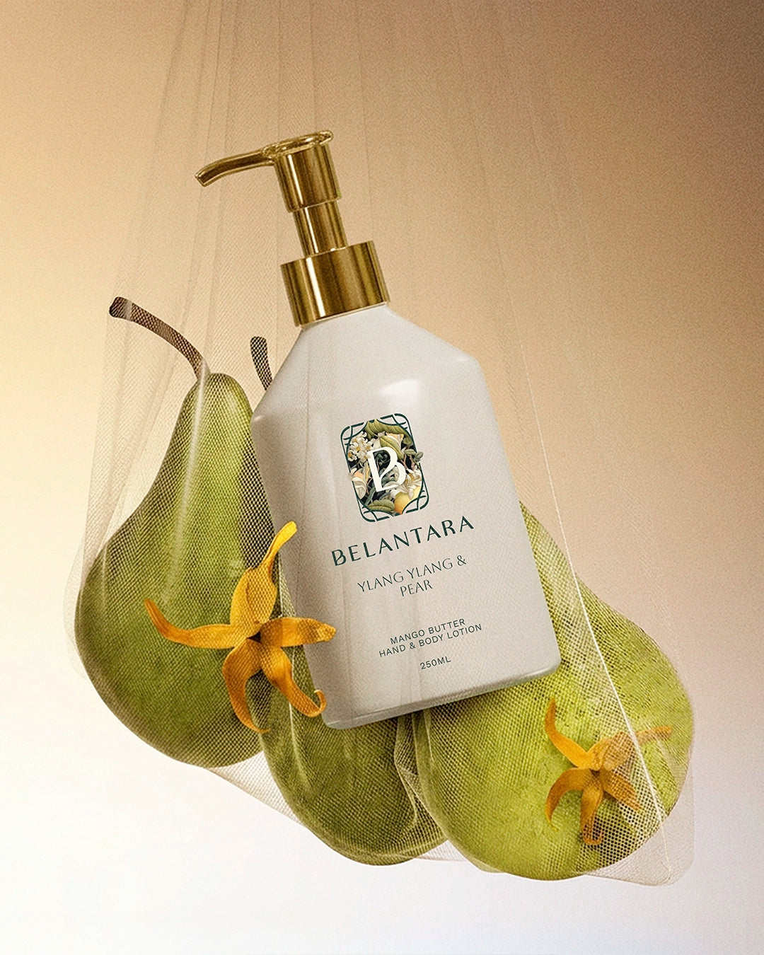Belantara ylang ylang & pear hand & body lotion with pears and flowers in a mesh bag on a beige background.