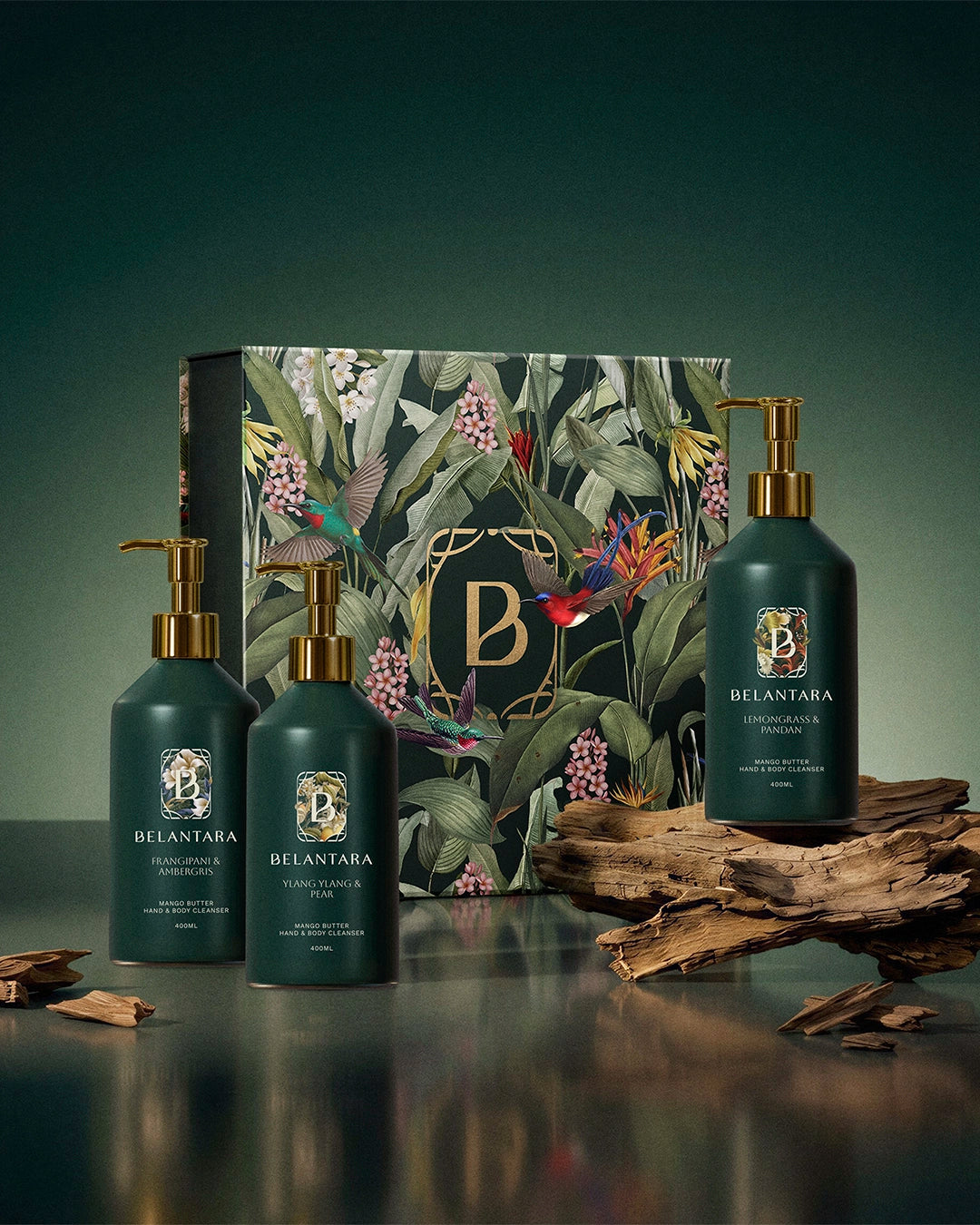 Belantara hand & body wash products with the Belantara gift box on a dark background.