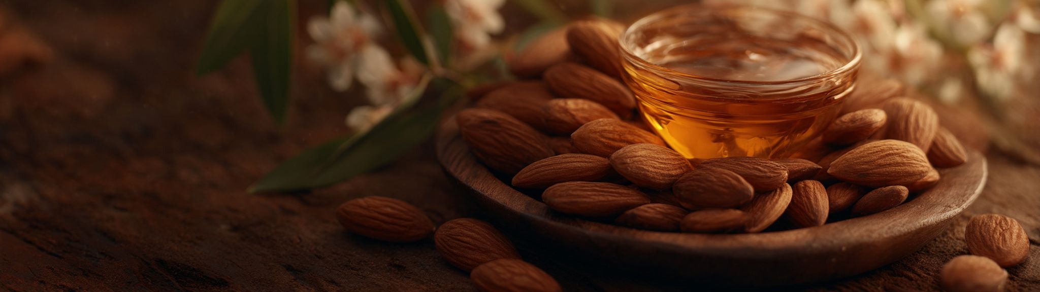 Glass bowl of sweet almond oil in a wooden plate of almonds on a wood surface.