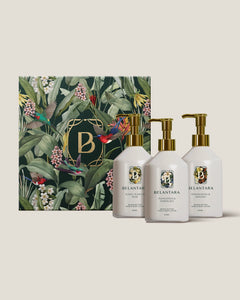 Belantara hand & body lotion products with the Belantara gift box on a light background.
