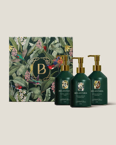 Belantara hand & body wash products with the Belantara gift box on a light background.