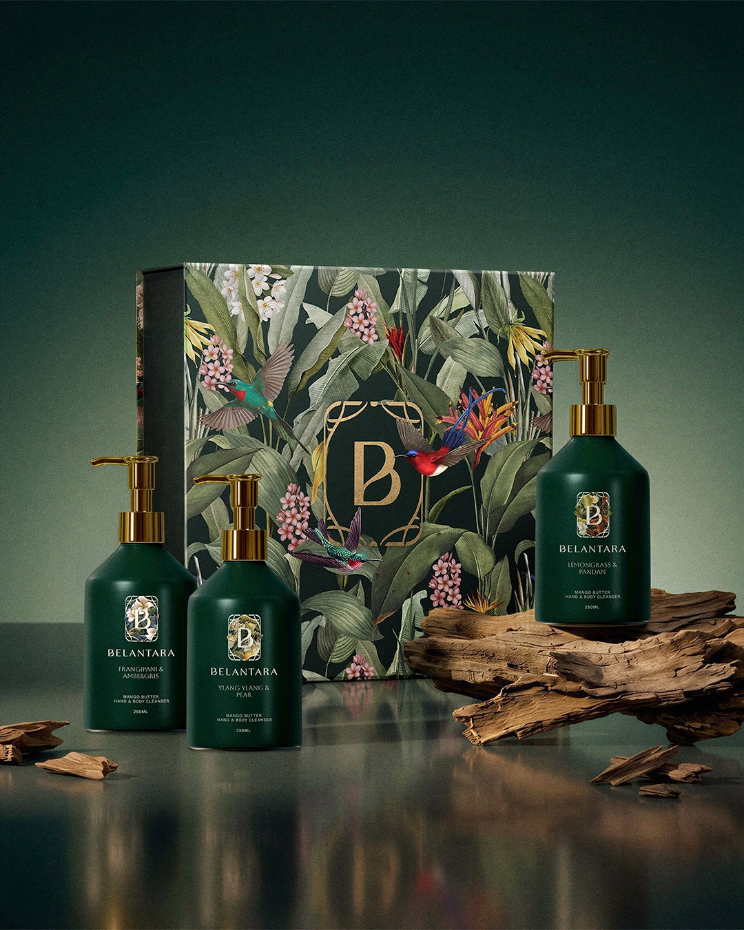 Belantara hand & body wash products with the Belantara gift box on a dark background.