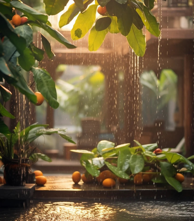 Mangoes fallen from a mango tree by a pool, under the rain.