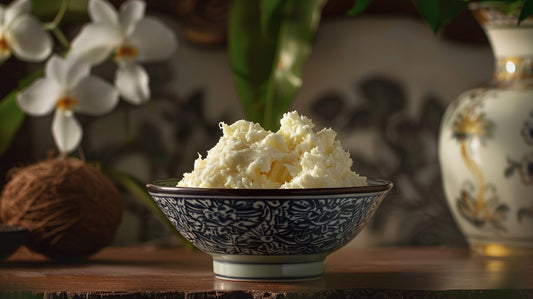 A porcelain bowl with mango butter on a table setting surrounded by tropical flowers and Southeast Asian ornaments.