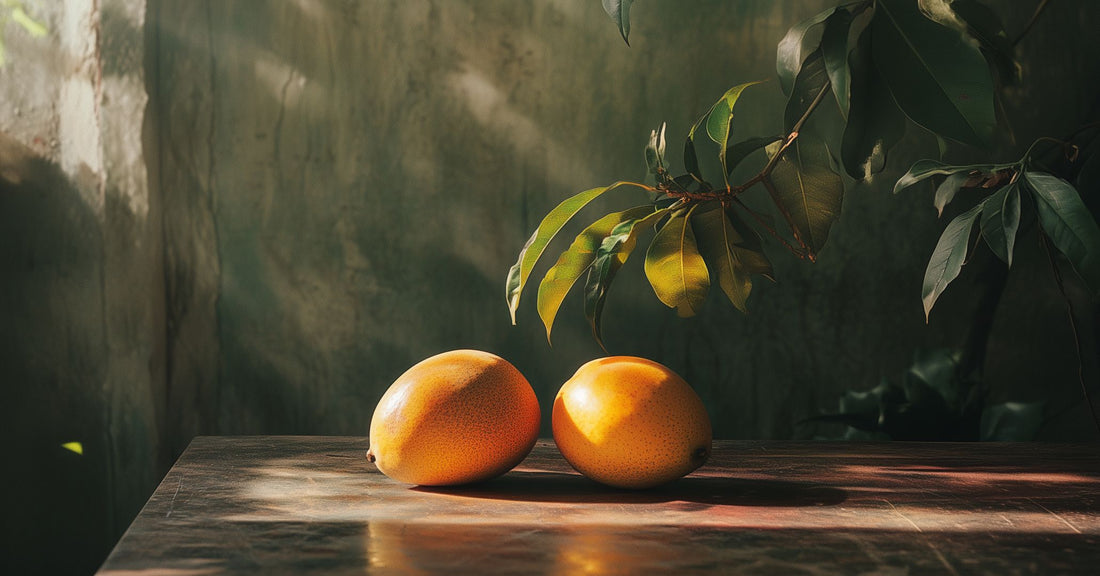 Two ripe mangoes on a kitchen working surface, in front of a mango tree, in a Southeast Asian kitchen setting.