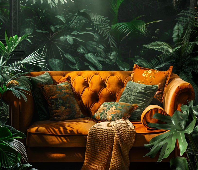 An opulent, orange gold velvet sofa surrounded by the lush greenery of the Southeast Asian tropical rainforest.