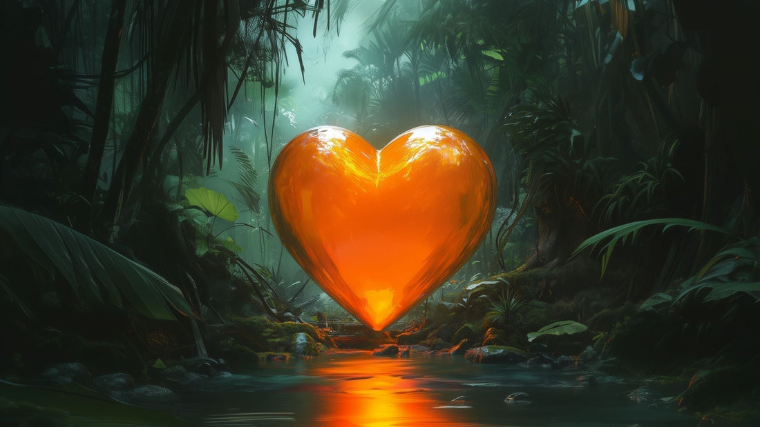 A glowing orange heart floating in the Southeast Asian tropical rainforest.