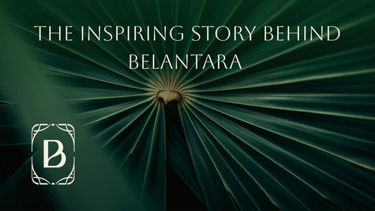 A background of a palm leaf with the text 'The Inspiring Story Behind Belantara' over it and a logo with a B letter.