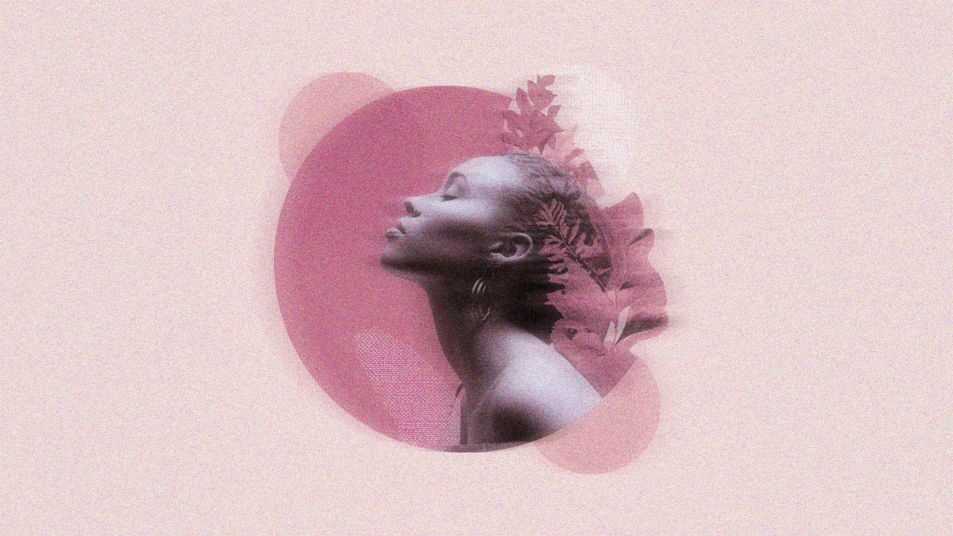 A composition for an album cover featuring a woman surrounded by flowers in pink tones.