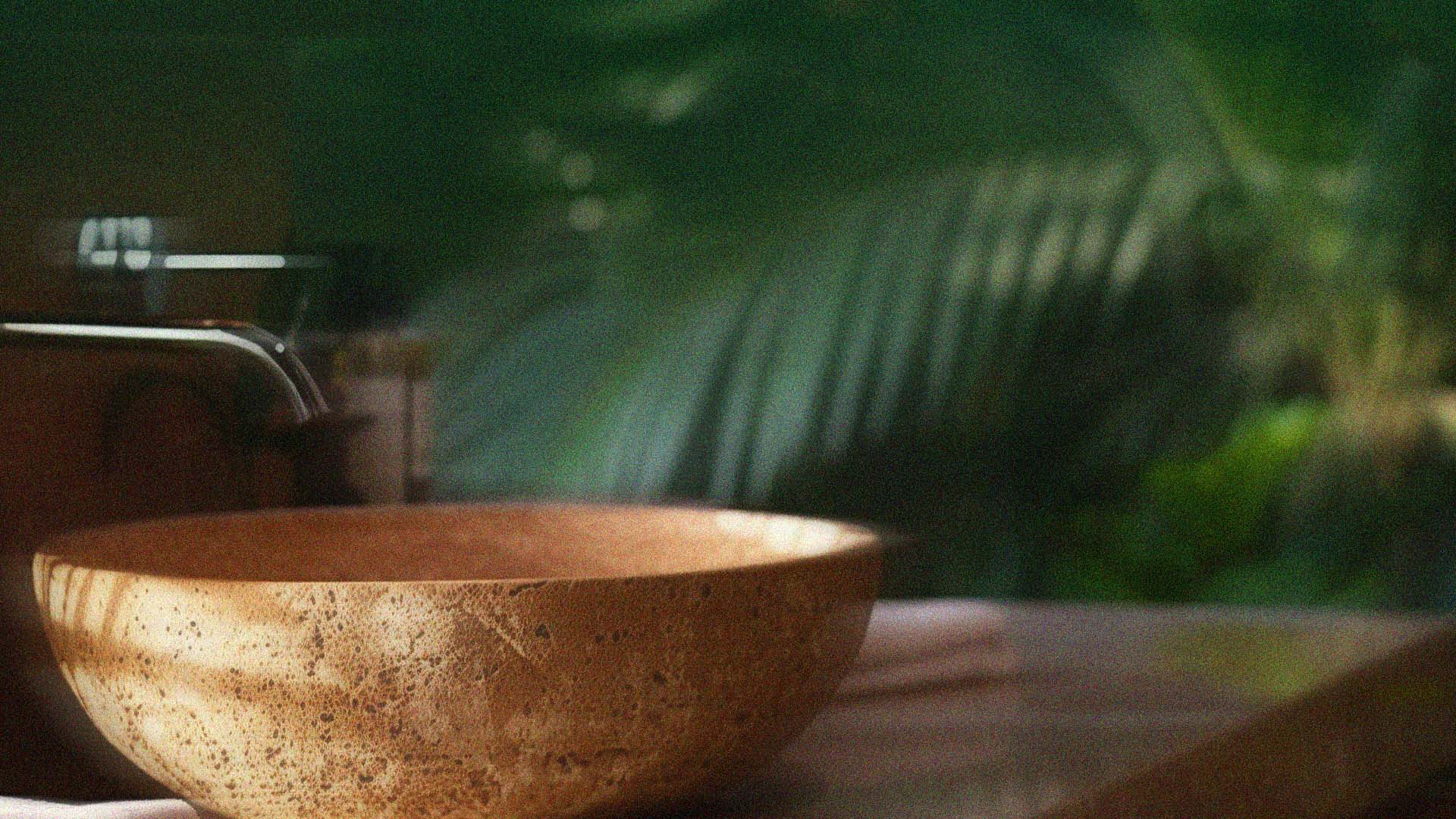 A marble vanity in a luxury bathroom with tropical plants.