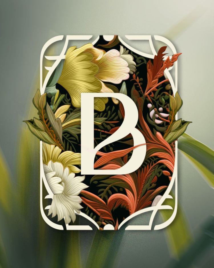 A blurred background of tropical leaves and flowers in green and red tones.