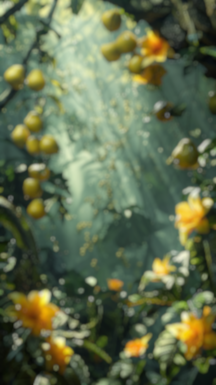 AA blurred background featuring yellow and green tropical fruits and flowers.