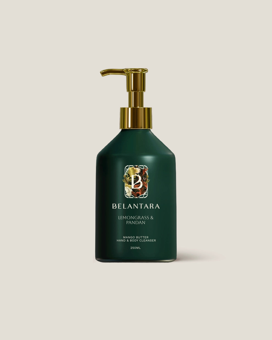 Belantara lemongrass & pandan hand & body wash bottle with pump on a light beige background.
