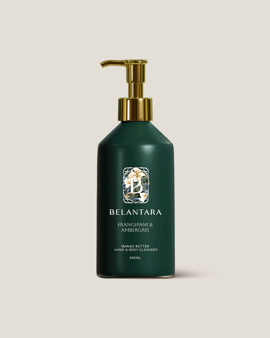 Belantara frangipani & ambergris hand & body wash bottle with pump on a light beige background.