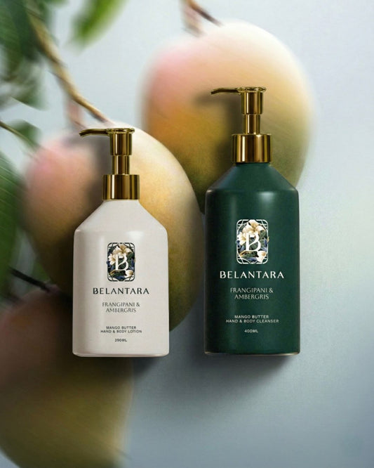 Two Belantara skincare products with pump dispensers on a light background.