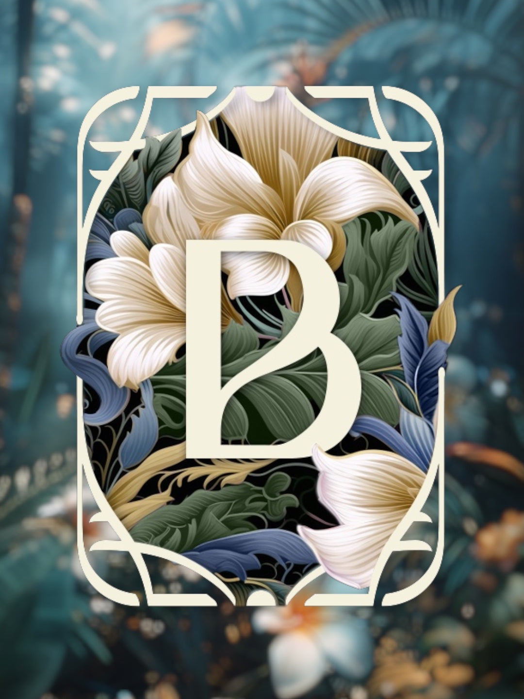 A logo featuring a B letter with drawn tropical plants and flowers in the background.