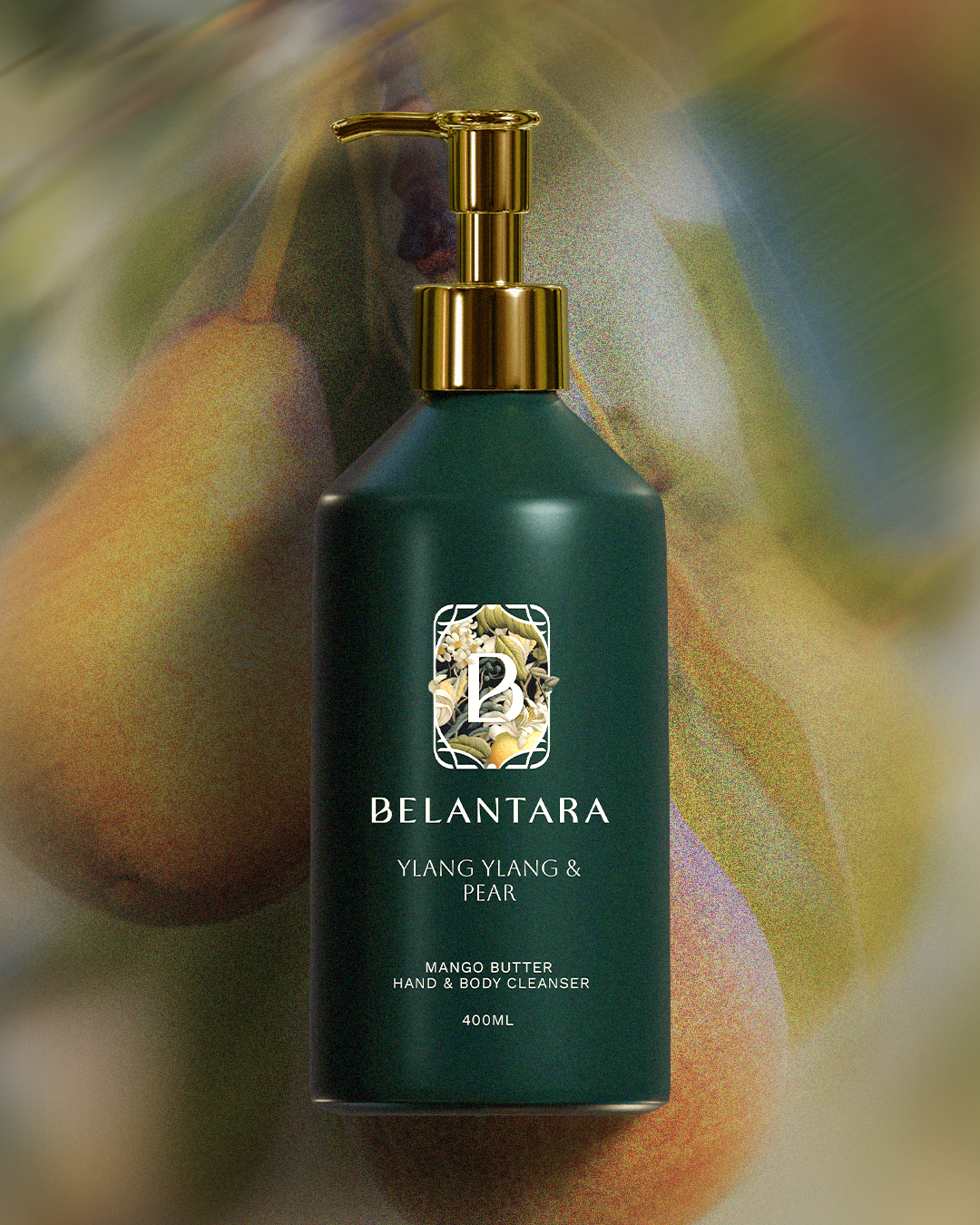 Green bottle with gold pump of Belantara Mango Butter Hand & Body Cleanser in Ylang Ylang & Pear fragrance on a textured pear background.