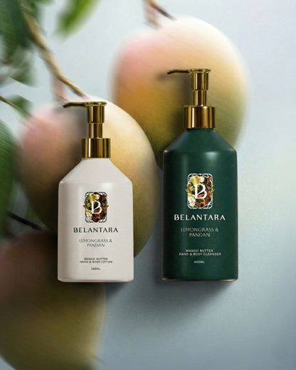 Two Belantara skincare products with pump dispensers on a neutral background