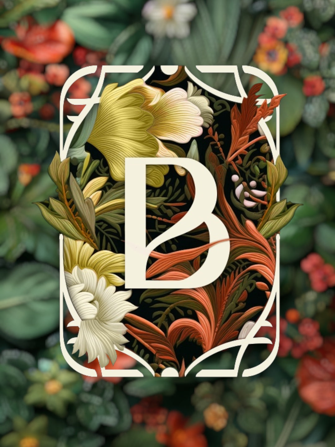 A logo featuring a B letter with drawn tropical plants and flowers in the background.