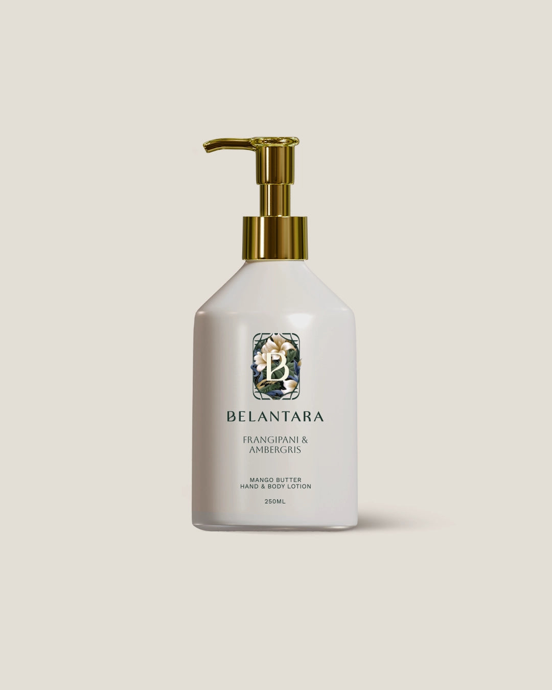 Belantara frangipani & ambergris hand & body lotion bottle with pump on a light beige background.