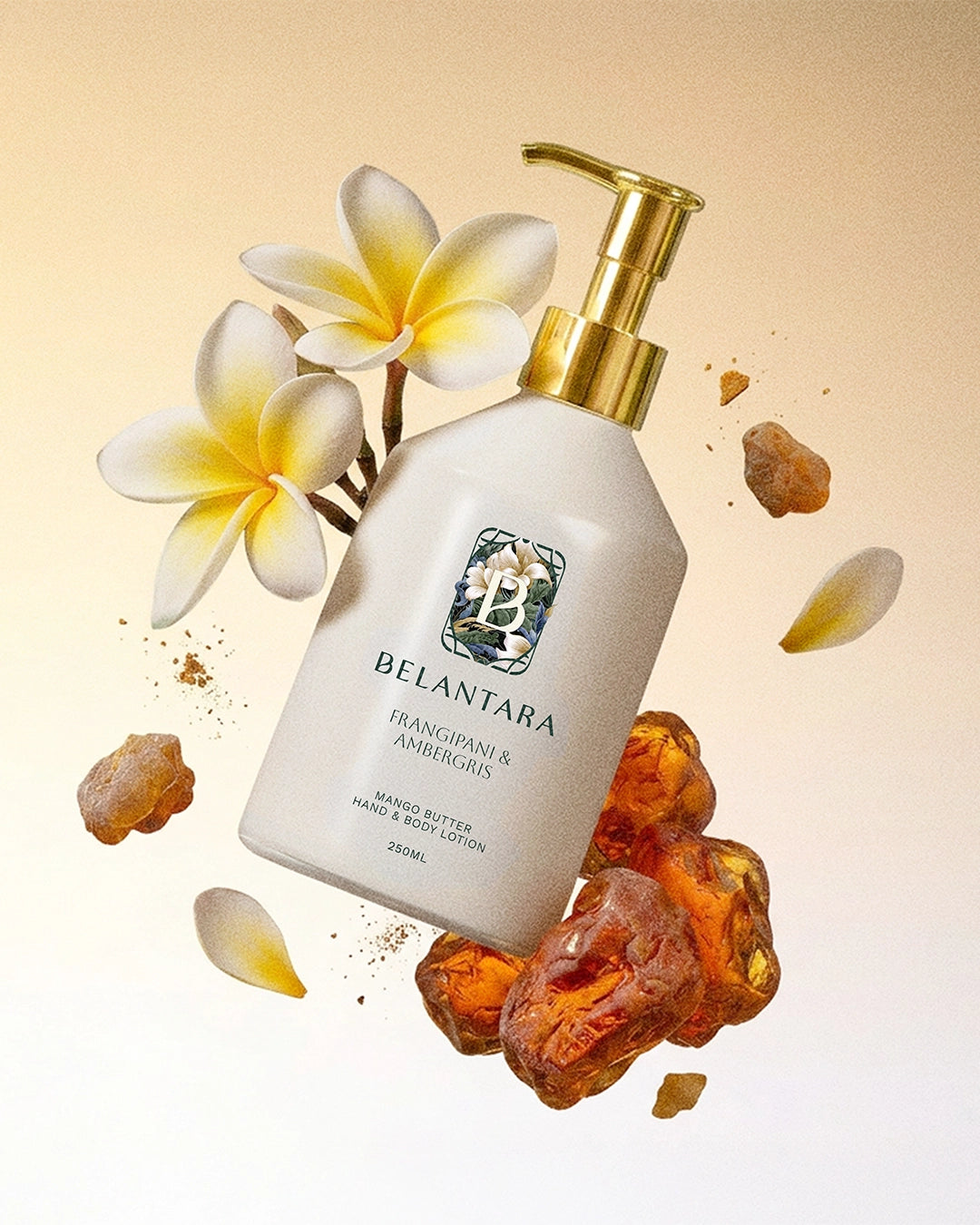 Belantara frangipani & ambergris hand & body lotion with flowers and amber crystals on a beige background.