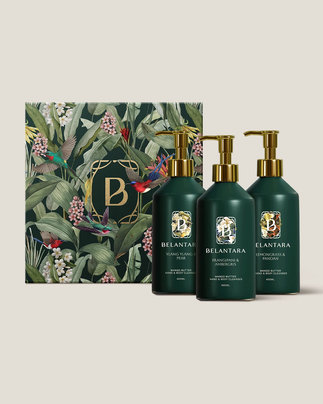 Belantara hand & body wash products with the Belantara gift box on a light background.