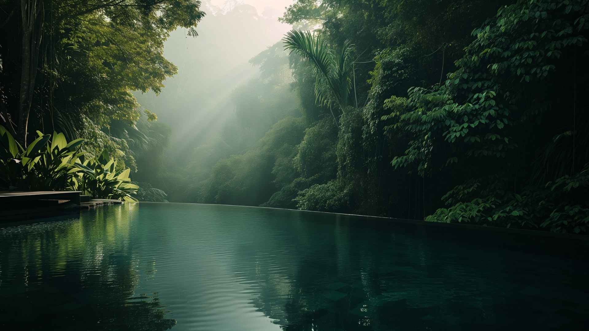 Misty forest with a pool of water reflecting the greenery