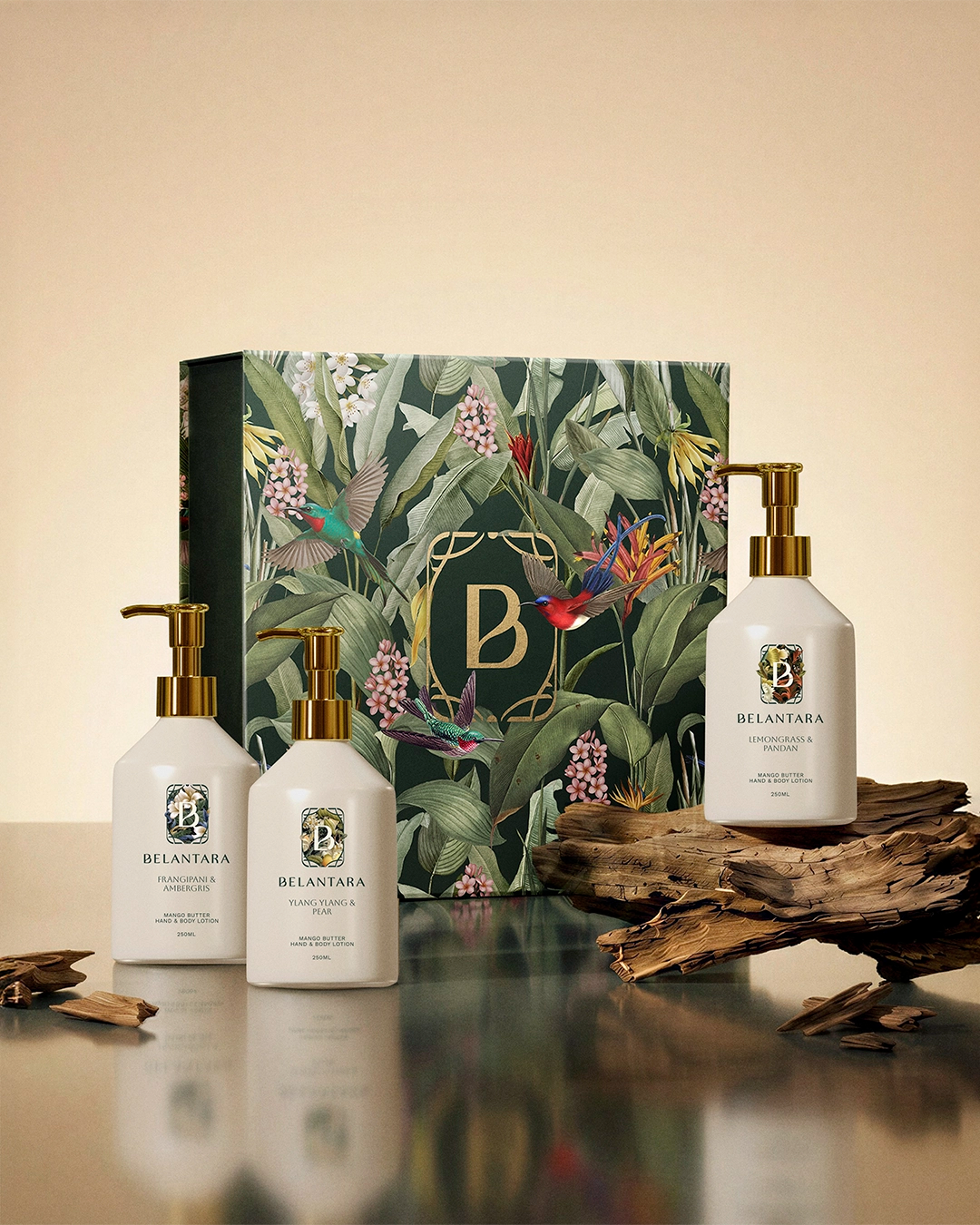 Belantara hand & body lotion products with the Belantara gift box on a light background.