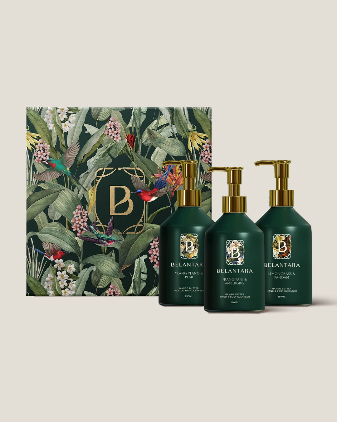 Belantara hand & body wash products with the Belantara gift box on a light background.