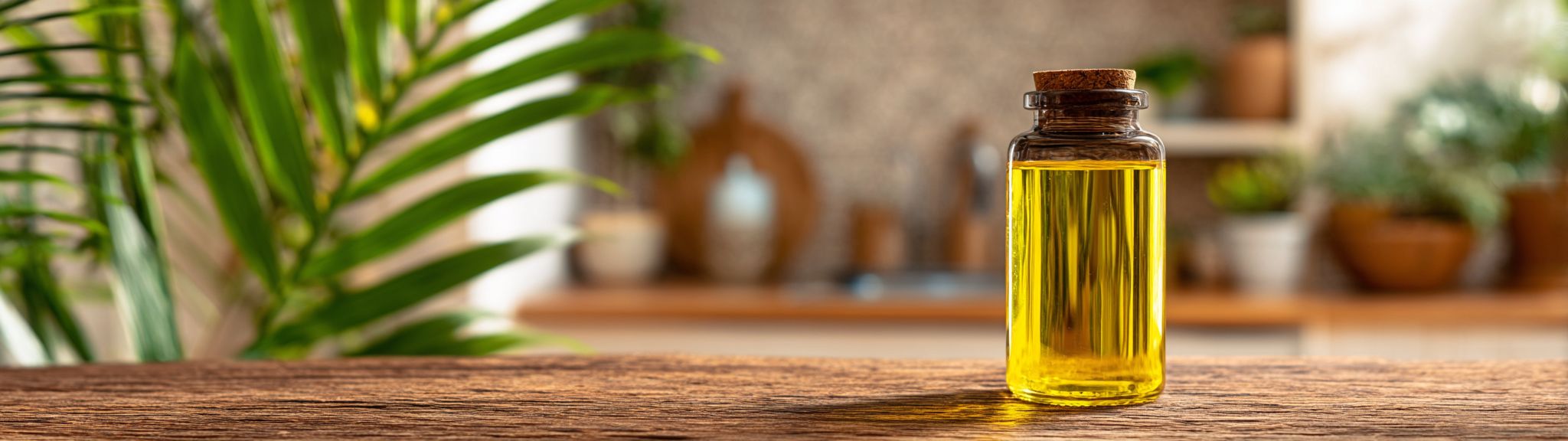 A sealed glass jar of Vitamin E on a wooden table with a blurred background.