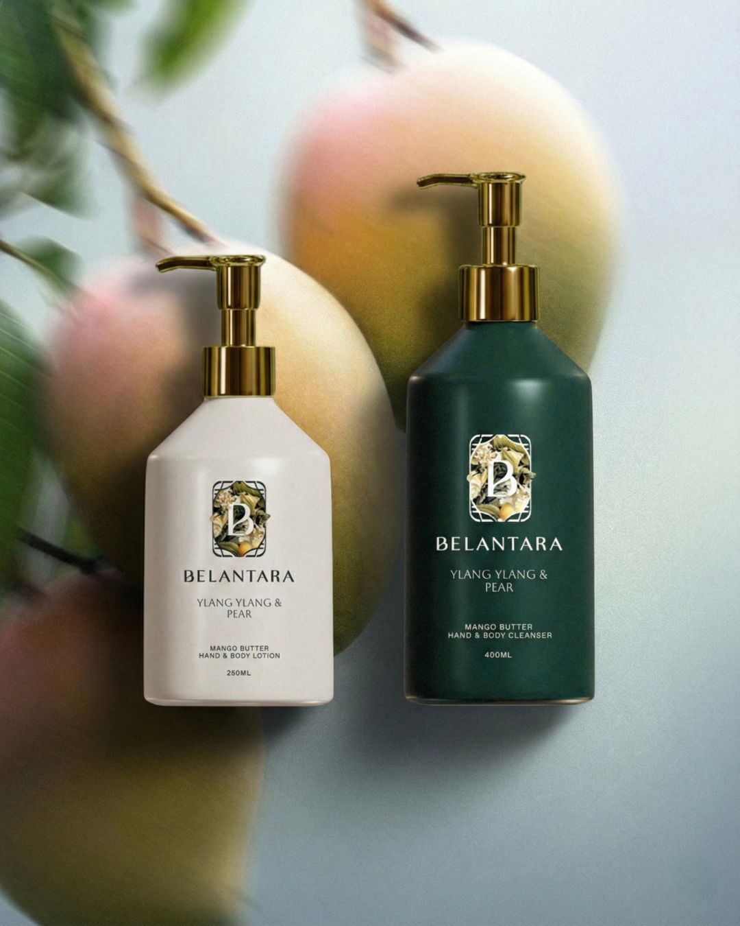 Two Belantara skincare products with pump dispensers on a neutral background