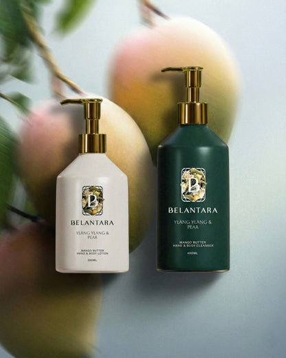 Two Belantara skincare products with pump dispensers on a neutral background