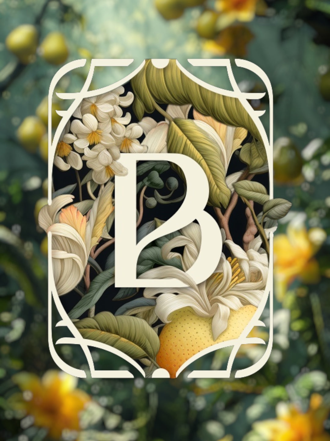 A logo featuring a B letter with tropical plants, fruits and flowers in the background.