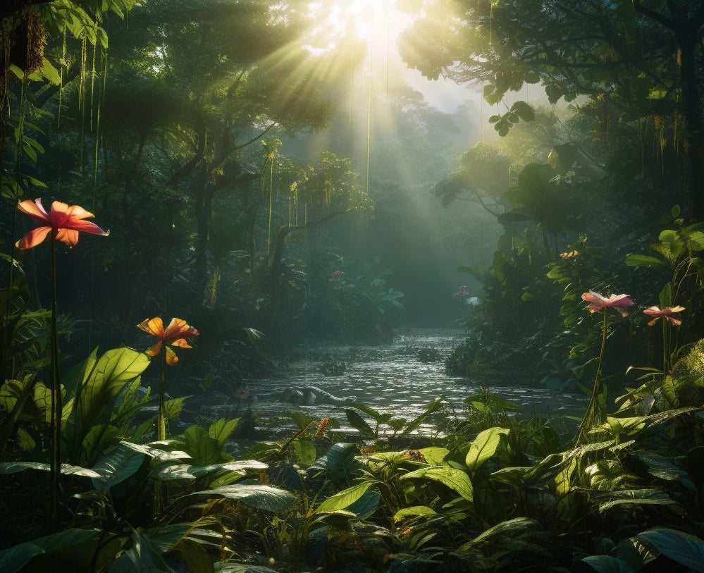 A creek through a tropical rainforest with tropical plants and flowers. Rays of sun coming from the top.