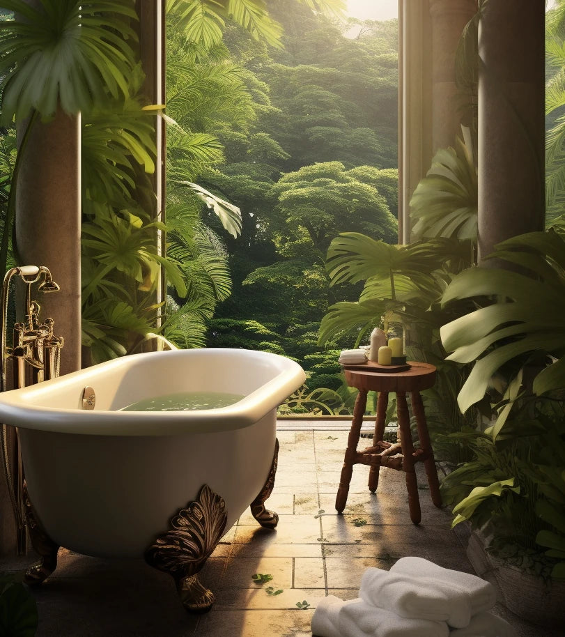 A luxurious bathroom with a standalone bathtub overlooking the tropical rainforest. 