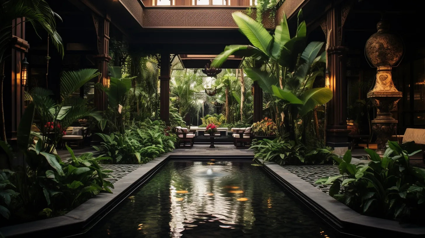 A luxurious lounge in a Southeast Asian mansion featuring a pool surrounded by tropical plants. 