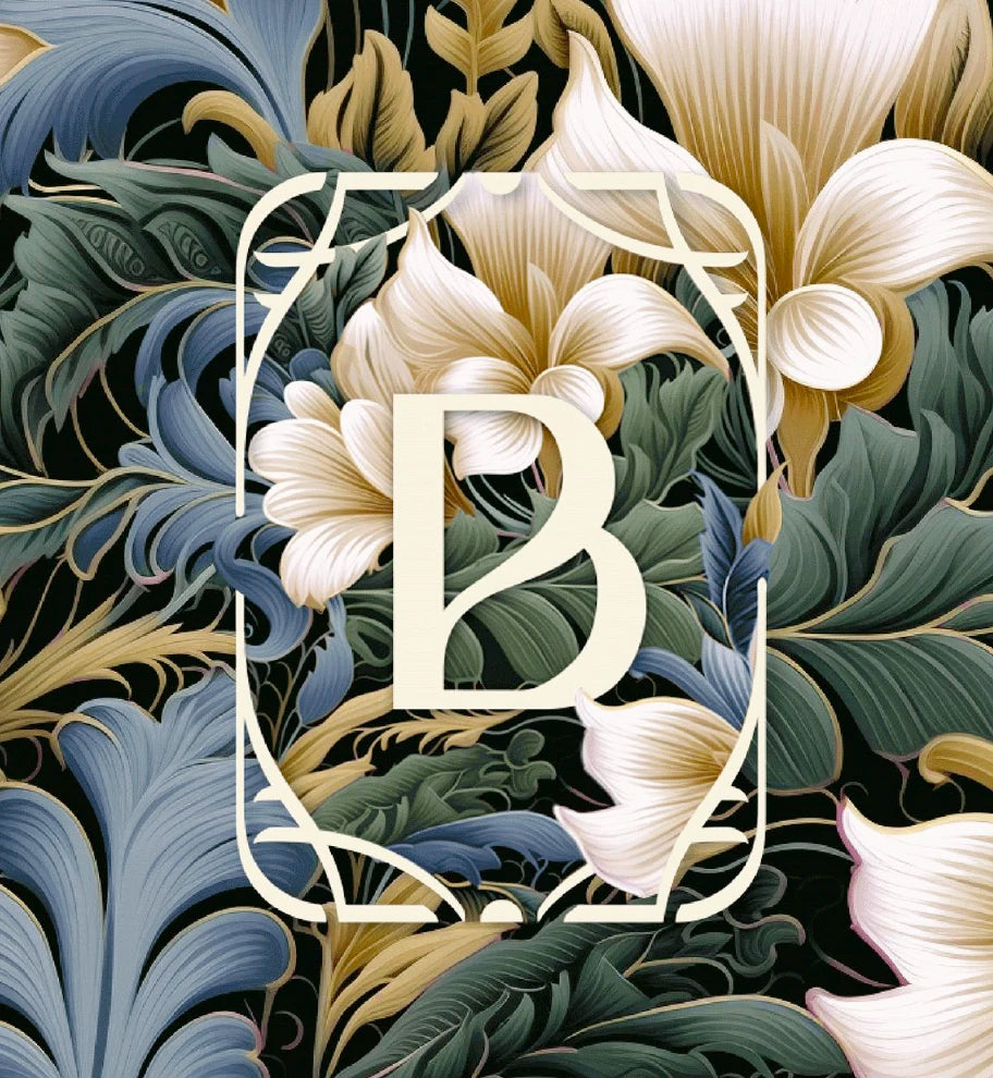 A logo featuring a B letter with drawn tropical plants and flowers in the background.